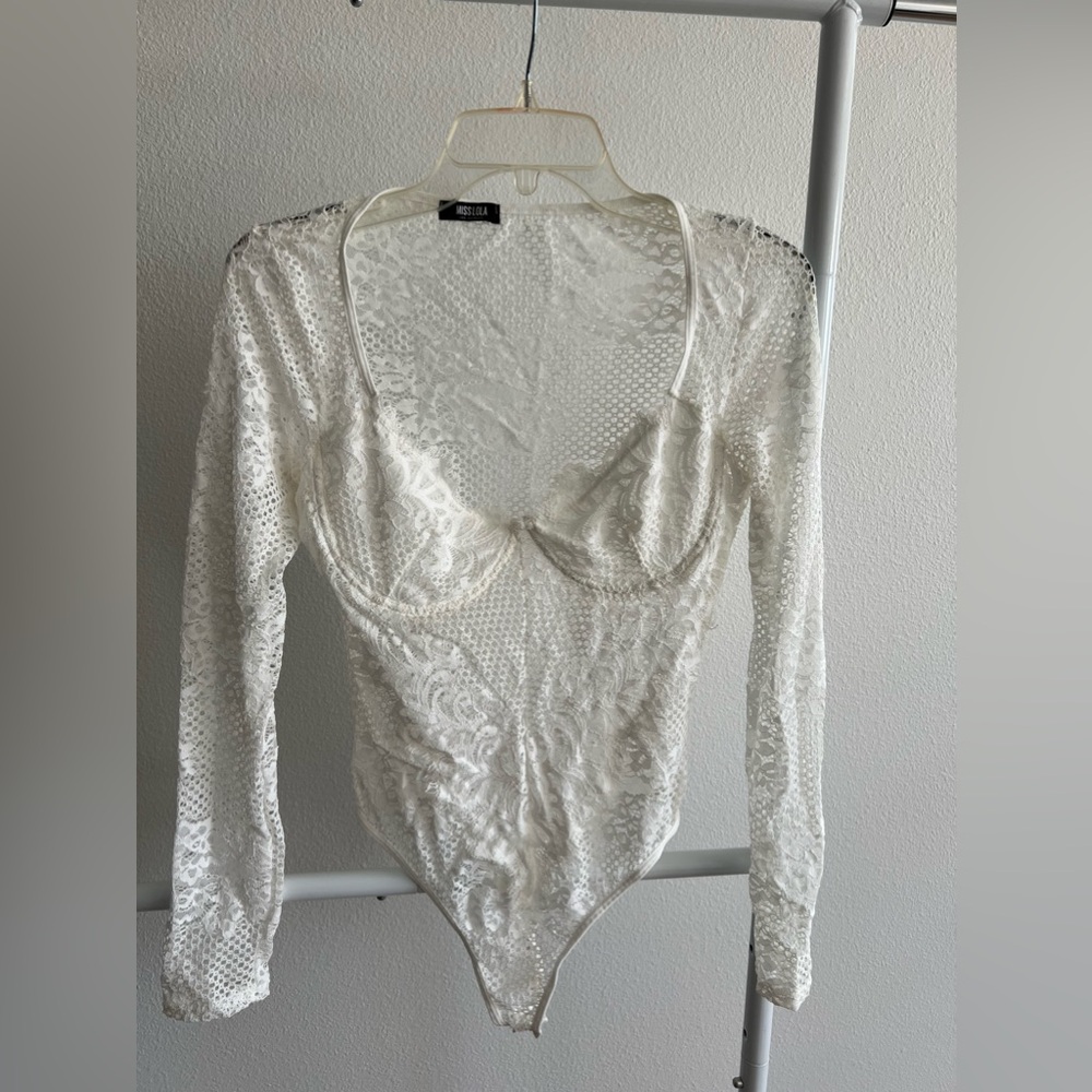 Miss Lola White Lace Long Sleeve Bodysuit - Size L